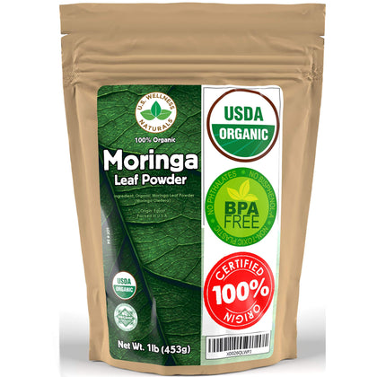 moringa powder 1lb (16oz) 100% certified organic oleifera leaf - (100% pure leaf | no stems) - raw from india | smoothies | drinks | tea | recipes - resealable bag (expiry -7/31/2025)