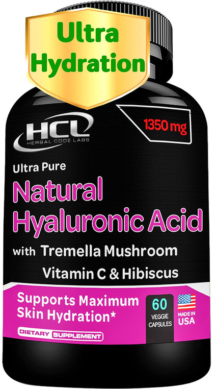 Natural Hyaluronic Acid Supplement 5X Stronger Hydration Pills from Pure Tremella Mushroom with Vitamin C & Hibiscus - Skin Supplement Anti Wrinkle Dietary Capsules - Hair Nails Vitamins