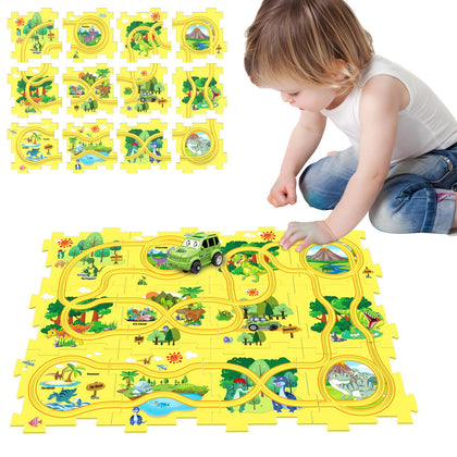 Dinosaur Puzzle Track Car Play Set, Plastic Puzzles for Kids Ages 3-5 with Car, Toddler Railcar Puzzle Board, Thinking Educational Toys for 3 4 5 6 Year Old Boys Girls, Montessori Toy Gift