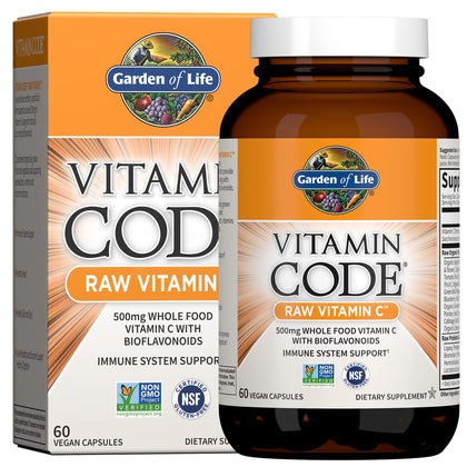 Garden of Life Vitamin Code Raw Vitamin C - 60 Capsules, 500mg Whole Food Vitamin C, Fruit & Veggie Blend, Probiotics, Vitamin C Capsules, C Vitamins Supplements for Adults, Vegan, Gluten Free