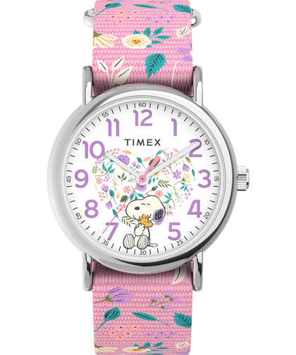 Timex X Peanuts in Bloom Women's Weekender 38mm Watch - Pink Strap White Dial Silver-Tone Case