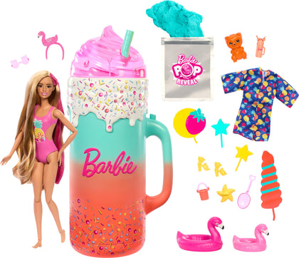 Barbie Pop Reveal Doll & Accessories, Rise & Surprise Fruit Series Gift Set with Scented Doll, Squishy Scented Pet, Color Change, Moldable Sand & More, 15+ Surprises