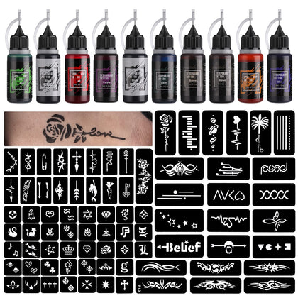 STIGMA  Temporary Tattoo Kit 10 Bottles Color Inks, 84 Pcs Stencils Kit for Body Paint DIY Tattoos Temp, DIY Fake Tattoo for Women Kids (Black*2, Cyan, Red, Green, Blue, Purple, Brown*2, Orange)