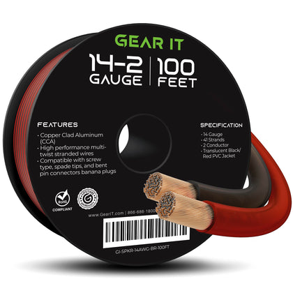 GearIT 14 Gauge Car Speaker Wire, Pro Series (100 Feet, Soft Touch Translucent Red/Black) Copper Clad Aluminum CCA 14 AWG Automotive Car Speaker Wire for Car Stereo, Car Audio Wiring Kit - 100ft