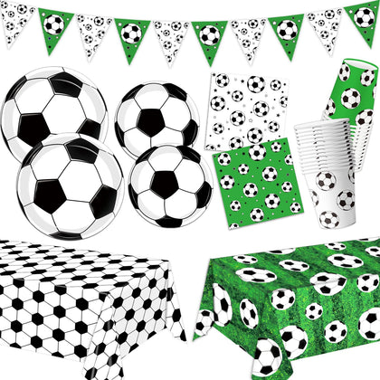 Soccer Party Supplies Tableware Set Soccer Birthday Party Decorations Including Banner, Soccer Plates, Napkins, Cup and Tablecloth for Sports Theme Birthday Decorations, 24 Guests