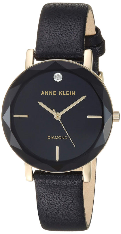 Anne Klein Women's Genuine Diamond Dial Gold-Tone and Black Leather Strap Watch