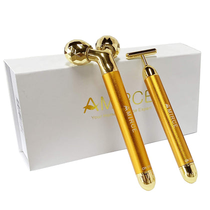 Amirce Face Massager Roller Golden 3D Roller Electric Facial Roller and T Shape Facial Roller Massager Kit