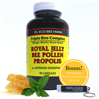 Worldwide Nutrition Y.S. Eco Bee Farms Triple Bee Complex Royal Jelly Bee Pollen Propolis with Korean Ginseng - Health and Wellness Organic Bee Pollen Supplement - 90 Ct w/Multi Purpose Key Chain