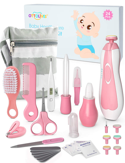 OTTOLIVES Baby Healthcare and Grooming Kit, 24 in 1 Baby Electric Nail Trimmer Set Newborn Nursery Health Care Set for Newborn Infant Toddlers Baby Boys Girls Kids Haircut Tools (0-3 Years+) (Pink)