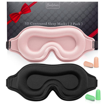 Eye Mask for Sleeping, 2 Pack 3D Contoured Sleep Eye Mask with Adjustable Strap, BeeVines Molded Night Eye Sleep Mask for Lash Extensions, Eye Shade Cover for Traveling Yoga Nap