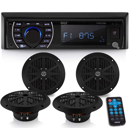 Pyle Marine Head Unit Receiver Speaker Kit - In-Dash LCD Digital Stereo Built-in Bluetooth & Microphone w/ AM FM Radio System 6.5 Waterproof Speakers (4) MP3/SD Readers & Remote Control -PLMRKT48BK