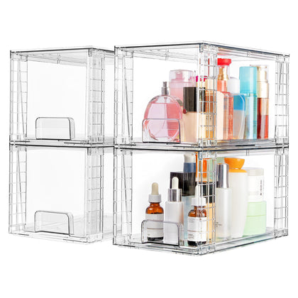 Vtopmart 4 Pack Large Stackable Storage Drawers,Clear Acrylic Drawer Organizers with Handles, Easily Assemble for Bathroom,Kitchen Undersink,Cabinet,Closet,Makeup,Pantry organization and Storage