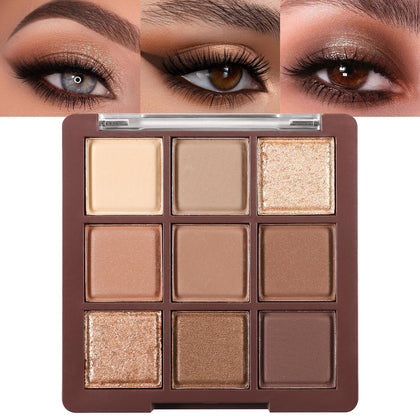 Erinde 9 Colors Eyeshadow Palette, Matte Shimmer Glitter Eye Shadow Makeup Palette, Highly Pigmented Long Lasting Waterproof, Natural Neutral Nude Eyeshadow Makeup Pallet, Chocolate Brown