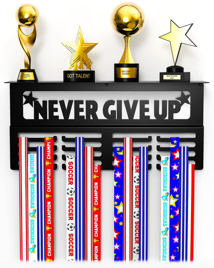 AGATHOS HOME Medal Hanger Display with Trophy Shelf - Metal Awards Rack for Walls Holds 64+ Sports Medals- Our Never Give Up 16.5