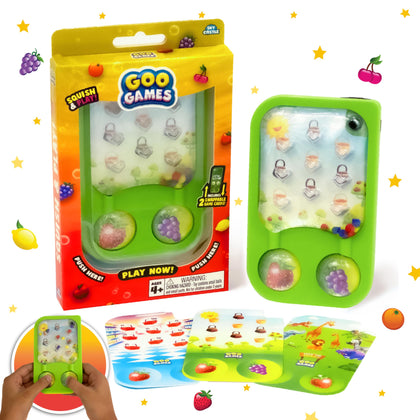 GooGames, Hand-Held Water Games with Floating Treasures, Sensory Fidget Game Adventures, Non-Toxic, No-Mess, Mesmerizing Glitter Fun, 3 Game Cards Included, Refillable, Perfect Travel Toy! (Fruits)