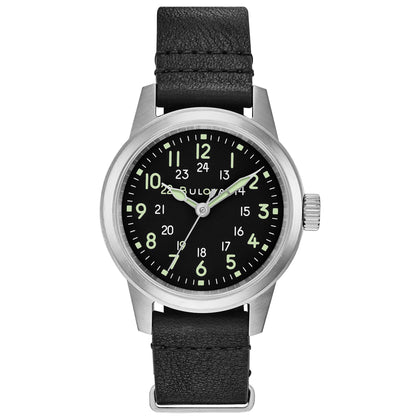 Bulova Milatary Hack 3 Hand Quartz Watch, Black Dial and Black Leather NATO Strap, (Model:96A219)