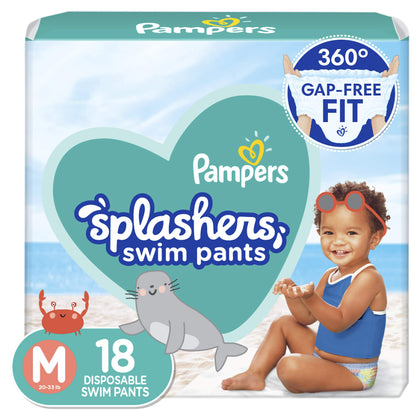 Pampers Splashers Swim Diapers - Size M, 18 Count, Gap-Free Disposable Baby Swim Pants