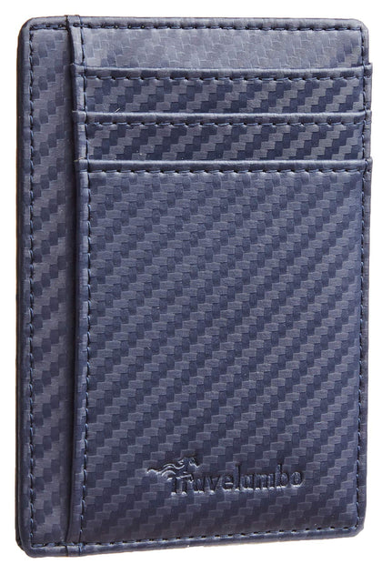 travelambo front pocket minimalist leather slim wallet rfid blocking carbon fiber texture(navy blue)