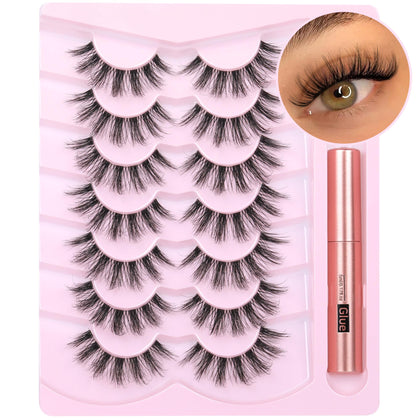 Natural Lashes Mink Eyelashes Kit Fluffy Clear Band False Lashes Wispy Eye Lashes Pack Short 5D Volume Fake 15mm Fake Eyelashes Kit with Lash Glue by Geeneiya