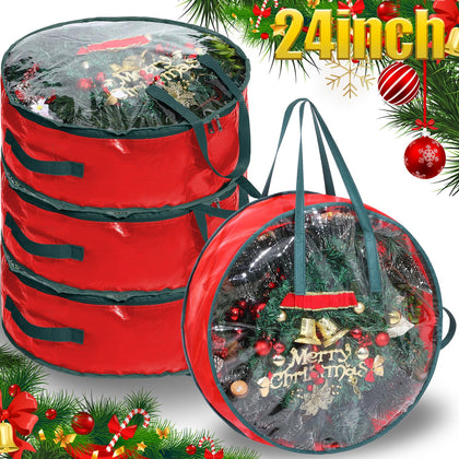 Shappy Christmas Wreath Storage Bag Plastic Storage Containers for Wreaths Container Christmas Decorative Xmas Plastic Bag Holder Handles Dual Zipper Holiday Wreath Wrapping (24 x 7 Inch,4 Pcs)