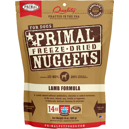 Primal Freeze Dried Dog Food Nuggets Lamb, Complete & Balanced Scoop & Serve Healthy Grain Free Raw Dog Food, Crafted in The USA, 14 oz