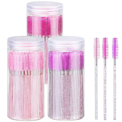 300PCS 3 Color Disposable Eyelash Brush with 3 Containers, Spoolies for Eyelash Extensions, Crystal Mascara Wands, Eyebrow Brushes for Makeup Accessories, Eye Lash Tools - Pink, Rose, Purple