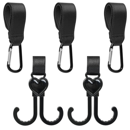 5 Pack Stroller Hooks for Hanging Bags and Shopping, (3+2) Stroller Hooks for Bags, Adjustable Hook, Multipurpose Organizer Hook Clip