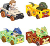 Hot Wheels Toy Cars, RacerVerse 4-Pack of Die-Cast Vehicles Featuring Jurassic World Characters Charlie, Owen, Dilophosaurus & Allosaurus as Drivers