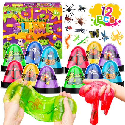 MGparty 12 Pack Halloween Slime Party Favor for Kids, Stress Relief Slime Toys with Plastic Bugs Halloween Toys for Goodie Bag Stuffers, Classroom Reward, Game Prizes, Halloween Trick or Treat