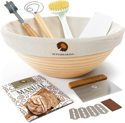 Superbaking Bread Proofing Basket, Round 9 inch Sourdough Starter Kit, Proofing Basket for Bread baking, Bread Making Supplies Tools, Banneton Basket Gift Set