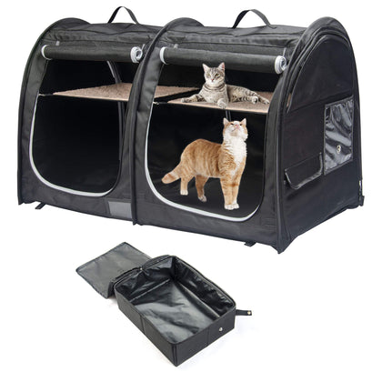 Mispace Portable Twin Compartment Show House Cat Cage/Condo - Easy to Fold & Carry Kennel - Comfy Puppy Home & Dog Travel Crate with Portable Carry Bag/Two Hammocks/Mats and Collapsible Litter Box