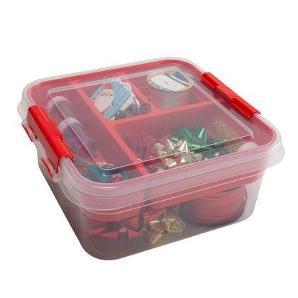 Simplify 5 Compartment Gift Supply Storage Box | 2 Tier Box | Red | Clear Top Lid | Dimensions: 9.5