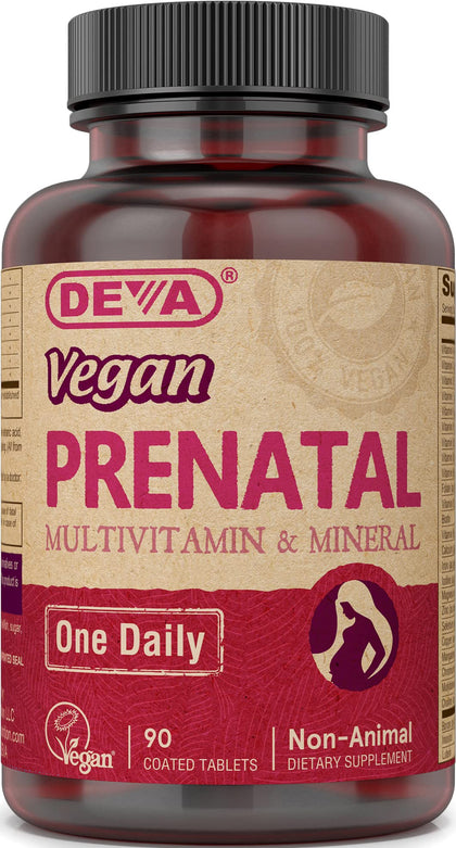 DEVA Vegan Prenatal Multivitamin and Mineral Supplement - Once-Per-Day Formula - Vitamins A, C, D, E, K, B Complex, with Folate & Chelated Iron - 90 Coated Tablets, 1-Pack