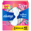 Always Radiant Teen Feminine Pads For Women, Size 1 Regular Absorbency, With Flexfoam, With Wings, Unscented, 42 Count