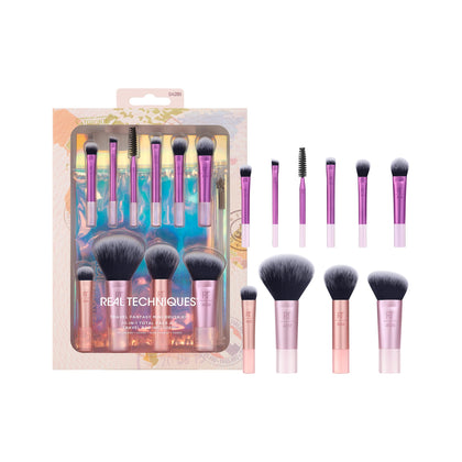 Real Technique Travel Fantasy Mini Brush Kit, Makeup Brushes For Eyeshadow, Highlight, Contour, Powder, & Concealer, Mini Sized Travel Brushes & Makeup Bag, Synthetic Bristles, 11 Piece Set