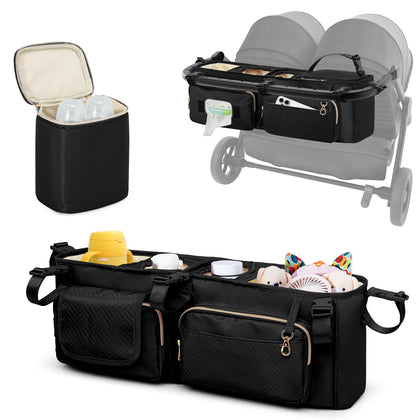 Prokva Double Stroller Organizer Compabitle with BOB Duallie and Baby Jogger City Mini GT2 Double Stroller, Double Parent Stroller Caddy Organizer with Cup Holder and Cooler Bag, Black(Empty Bag)