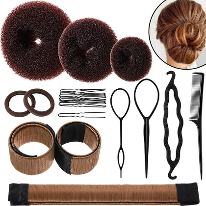 Hair Bun Shaper Set, include 3 Pieces Bun Donut, 2 Pieces Bun Marker, 4 Pieces Ponytail Tool, 10 Pieces Bobby Pins and 2 Pieces Elastic Bands for Women Kids Hair Bun Maker Kit