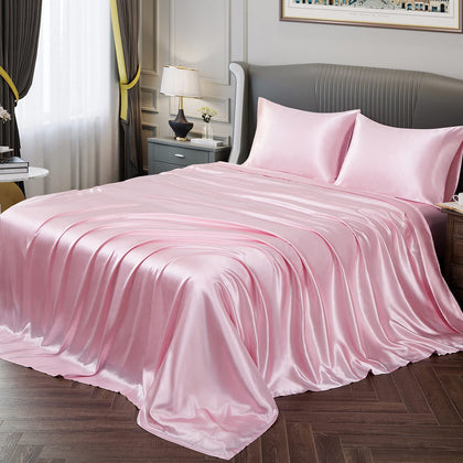 Vonty Satin Sheets Full Size Silky Soft Satin Bed Sheets Pink Satin Sheet Set, 1 Deep Pocket Fitted Sheet + 1 Flat Sheet + 2 Pillowcases