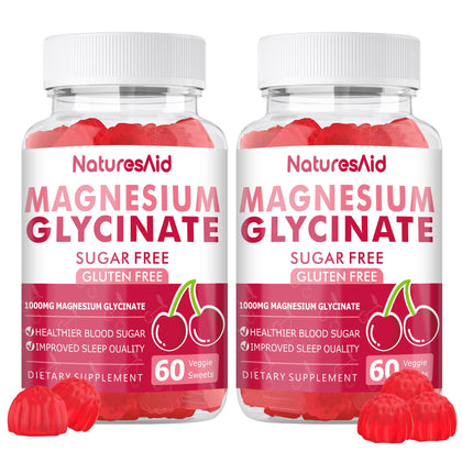 Magnesium Glycinate Gummies 1000mg - Sugar Free Magnesium Potassium Supplement with Vitamin D, B6, CoQ10 for Calm Mood & Sleep Support - 120 Cherry Gummies -2 Pack