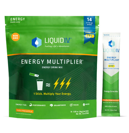 Liquid I.V. Hydration + Energy Multiplier - Yuzu Pineapple - Hydration Powder Packets | Electrolyte Drink Mix | Easy Open Single-Serving Stick | Non-GMO | 14 Sticks