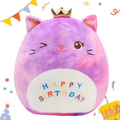 Easfan 12'' Rainbow Birthday Kitty Plush Pillow Soft Cat Plush Toy Cute Kitty Stuffed Animal Home Room Decoration Birthday Gift for Kids Toddlers