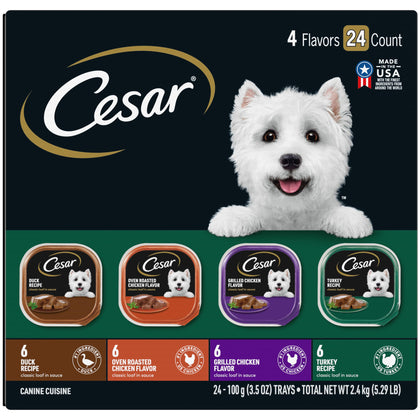 CESAR Adult Wet Dog Food Classic Loaf in Sauce Poultry Variety Pack,. Easy Peel Trays with Real Chicken, Turkey or Duck, 3.5 Ounce (Pack of 24)