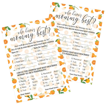 Who Knows Mommy Best Game Cards - Little Cutie Orange Baby Shower -20 count