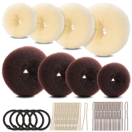 Hair Bun Maker Set, FANDAMEI Donut Bun Maker Set With 4pcs Dark Brown &4pcs Beige(2 extra-large,2 large,2 medium and 2 small), 5 pieces Hair Elastic Bands, 40 pieces Hair Bobby Pins (Brown and Gold)