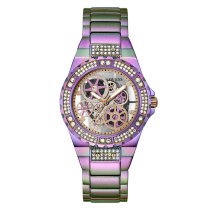 GUESS Ladies Trend Clear-Cut 39mm Watch - Glitz Dial with Iridescent Violet Stainless Steel Case & Bracelet