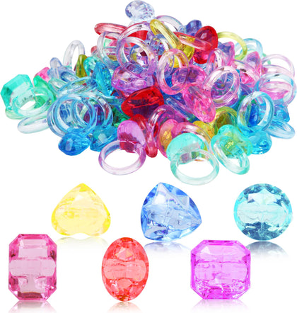 100 Pcs Gem Rings Toys for Kids, Bulk Toys Diamond Ring Party Favors for Boys Girls Toddlers, Colorful Princess Ring Dress Up Accessories for Carnival PrizesGoodie Bag Stuffers, Pinata Fillers