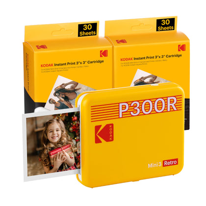 KODAK Mini 3 Retro 4PASS Portable Photo Printer (3x3 inches) + 68 Sheets Bundle, Yellow