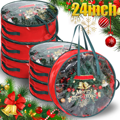 Shappy Christmas Wreath Storage Bag Plastic Storage Containers for Wreaths Container Christmas Decorative Xmas Plastic Bag Holder Handles Dual Zipper Holiday Wreath Wrapping (Green Handle, 6 Pcs)