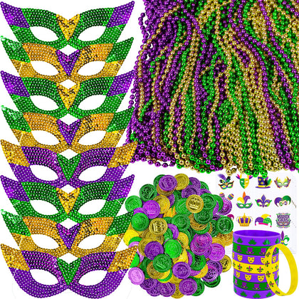 Winlyn 144 Pcs Mardi Gras Party Accessories Set Bulk Mardi Gras Bead Necklaces Masquerade Mardi Gras Coins Temporary Tattoos Rubber Bracelets for Mardi Gras Parade Masquerade Party Décoration