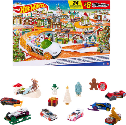 Hot Wheels Toy Car Set, 2023 Advent Calendar with 8 Cars in 1:64 Scale, 16 Accessories & Playmat, Gift for Kids